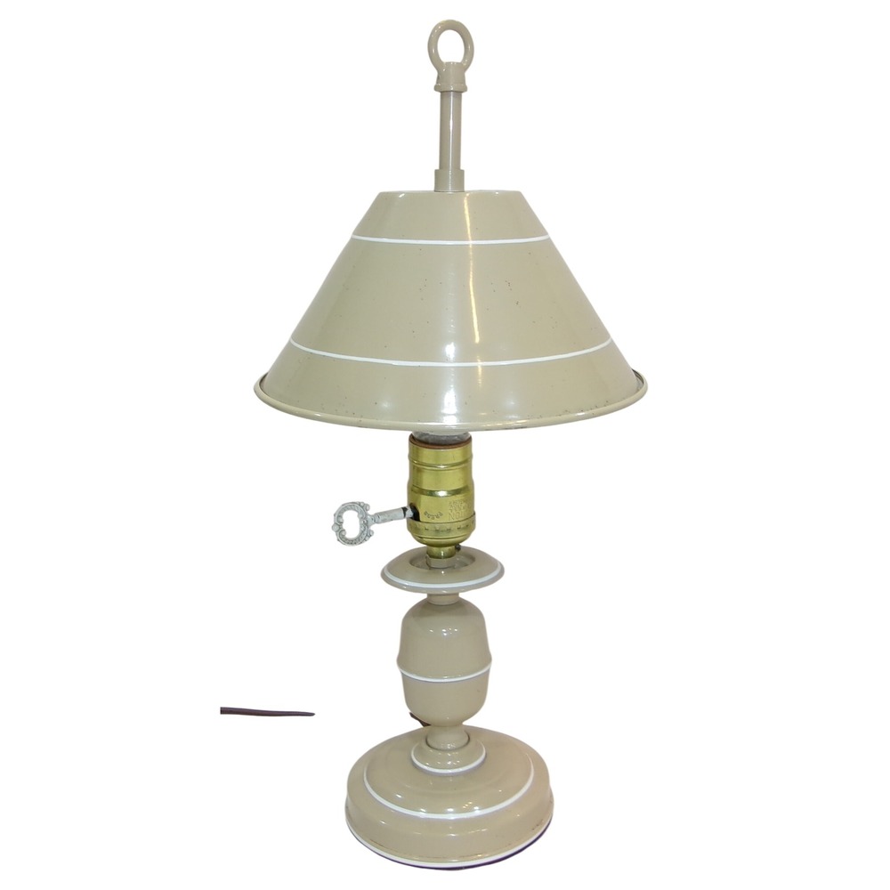 Vintage Mid Century Beige Metal Table Lamp Toleware Style Key Turn Cone Shade